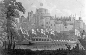 City of London State Pram bevæger sig op ad Themsen, foran Windsor Castle, på vej til Oxford, efter en akvarel fra 1812 af English School